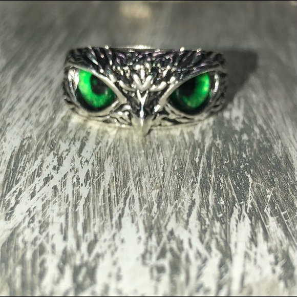 Antique Silver Green Eye Owl ring adjustable nice 925S stamped hallmarked - Picture 3 of 6